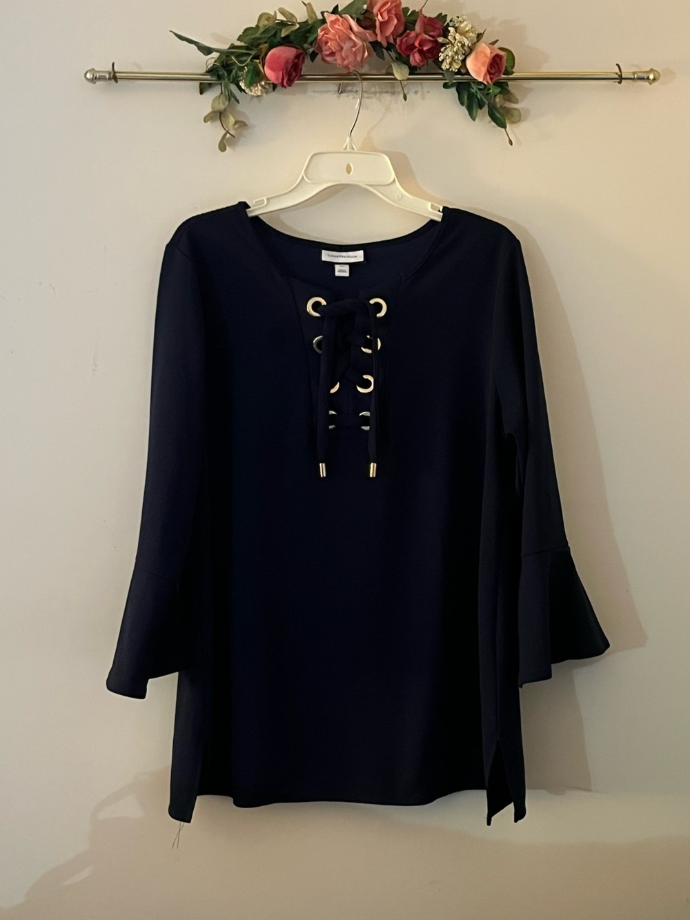 Charter Club Black Lace-Up Bell Sleeve Tunic with Gold Eyelets